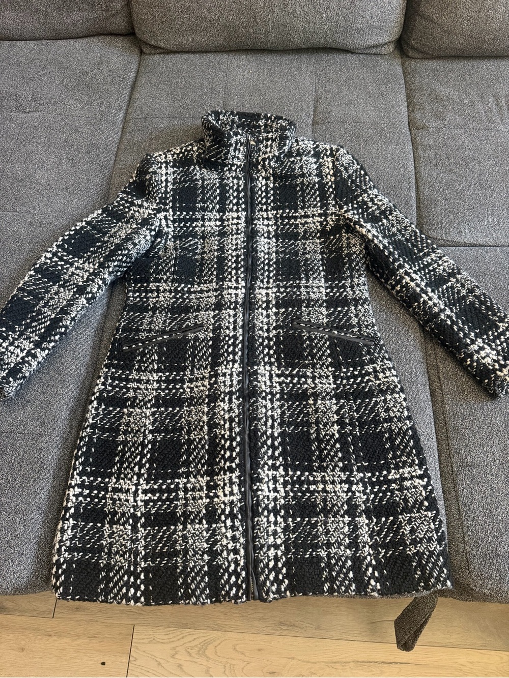 Karl Lagerfeld Black and White Plaid Zip-Front Pea Coat